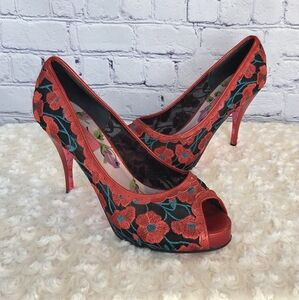 Betsey Johnson Red and Green Heels Peep-Toe Elegance